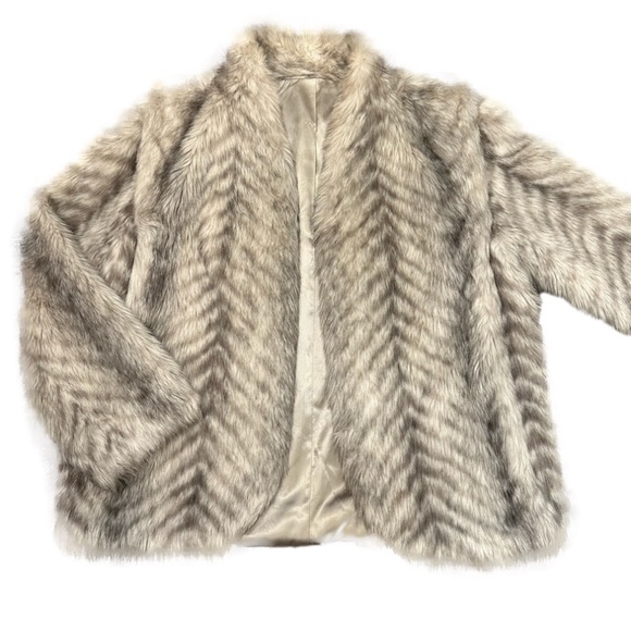 Sportowne Jackets & Blazers - Vintage Faux fur coat jacket white gray winter 80s 90s satin